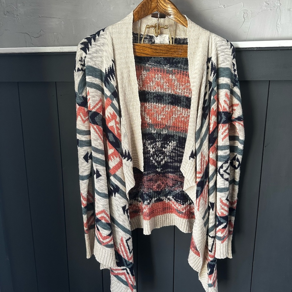 Hippie Rose Geometric Tribal Open Front Cardigan Cream, Black, Pink‎ size M
